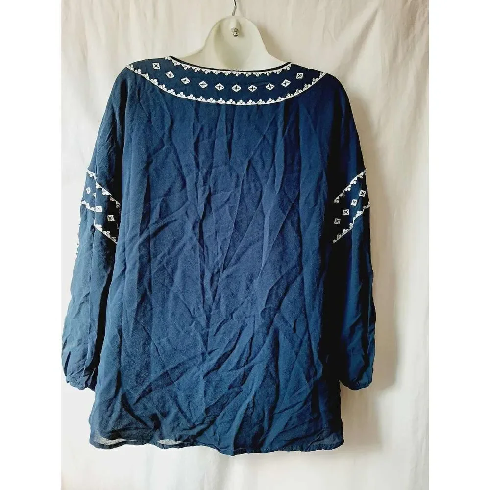 XCVI blue white embroidered bohemian lined sz L blouse - Picture 2 of 4